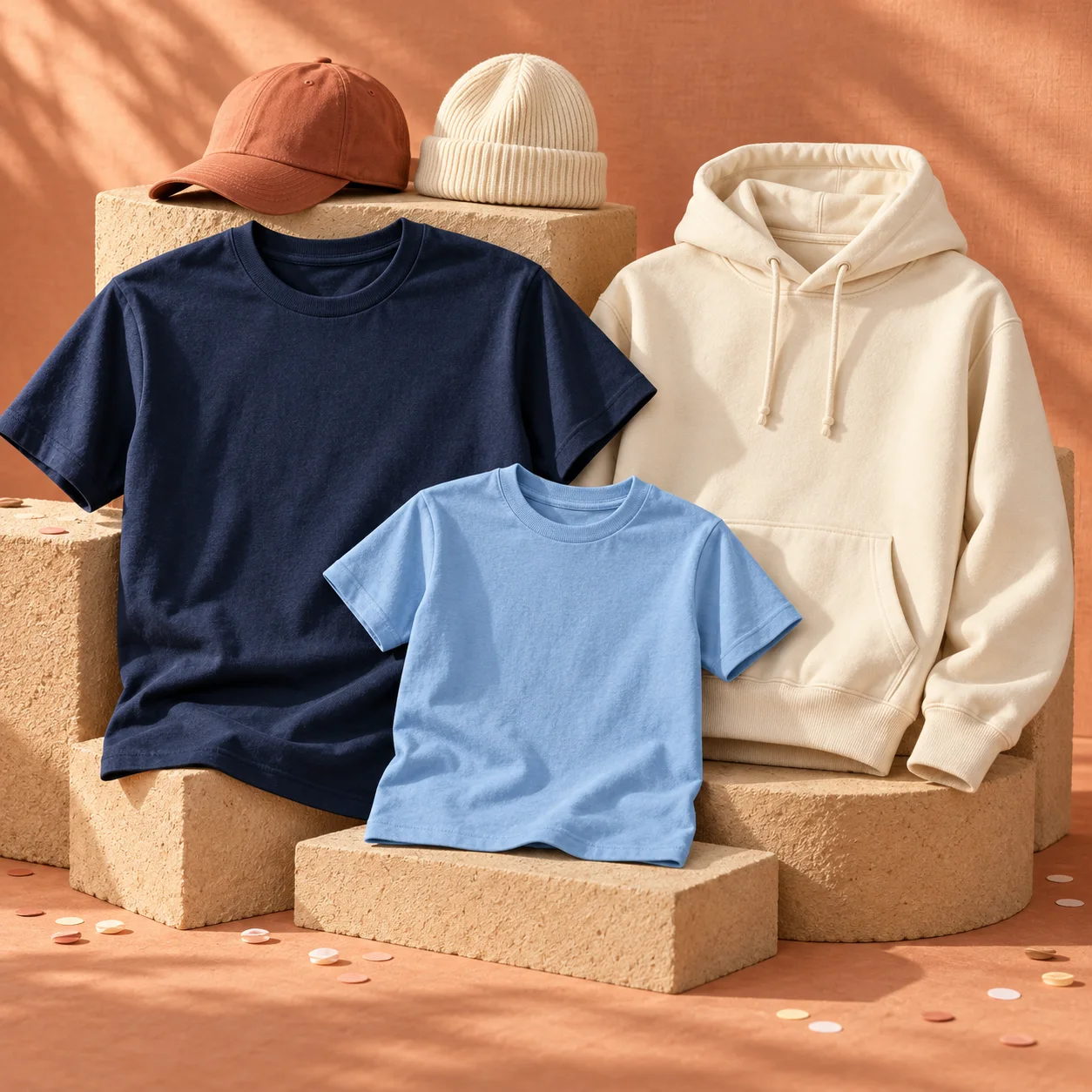 Apparel collection inspiration: adult and youth tees, a hoodie, a cap and a cuffed beanie on warm peach display blocks