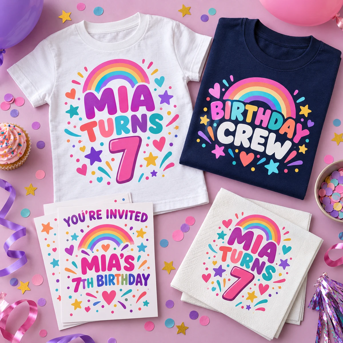Birthday collection inspiration with colorful rainbow birthday shirts, invitations and napkins